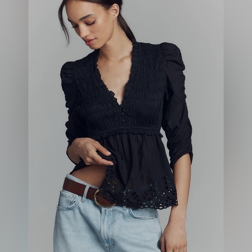Anthropologie Puff Sleeve Sculpted Eyelet Blouse in Black